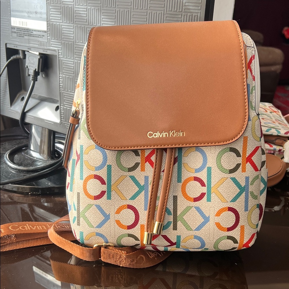 Calvin Klein Tan and Multicolor Logo Backpack